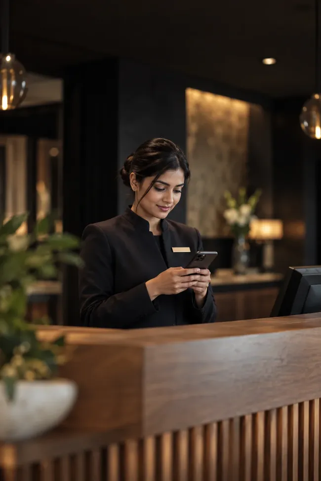 A hotel receptionist learning on her phone
