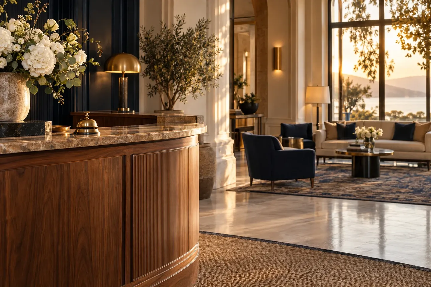 Sunlight across the reception desk of a welcoming hotel lobby